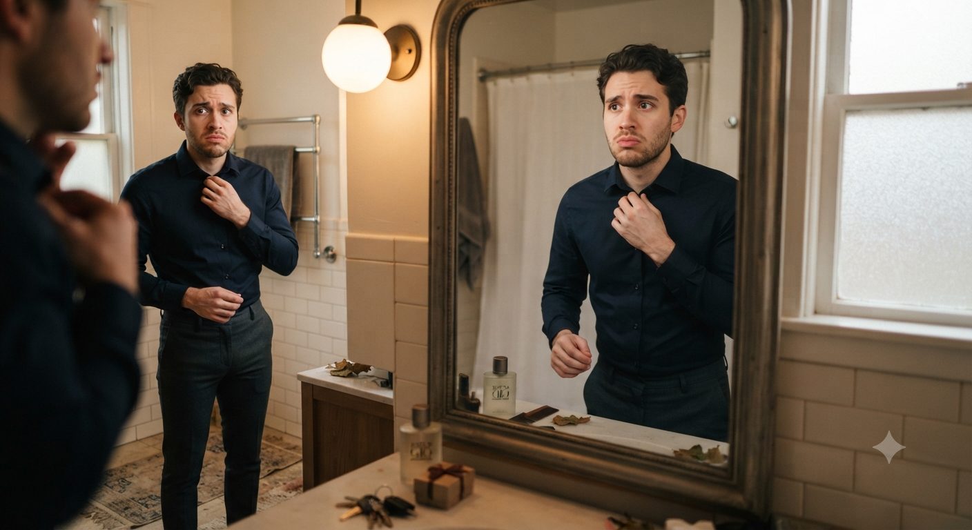 A man looking at his reflection with uncertainty, representing the inner tension of dating anxiety