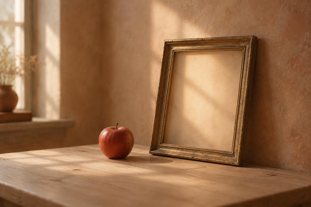 An empty picture frame leaning against a warm plaster wall beside a single red apple in soft window light, evoking the mind's eye