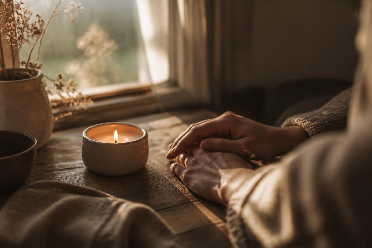 Soft morning light on a lit candle and resting hands, symbolizing quiet reflection and awakening